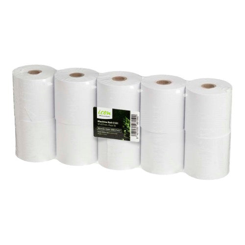 Pack of 10 Icon Machine Rolls 57x57mm for EFTPOS; high-quality, durable bond paper with 27.23m length for clear prints.