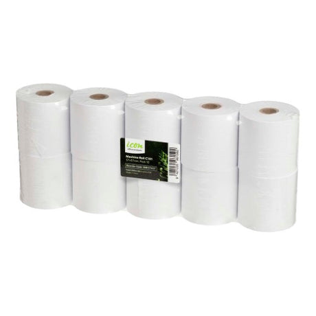 Pack of 10 Icon Machine Rolls 57x57mm for EFTPOS; high-quality, durable bond paper with 27.23m length for clear prints.