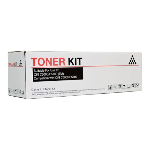 High-quality black toner cartridge for OKI C5600/C5700 printers, prints 6,000 pages with crisp text and vibrant images.