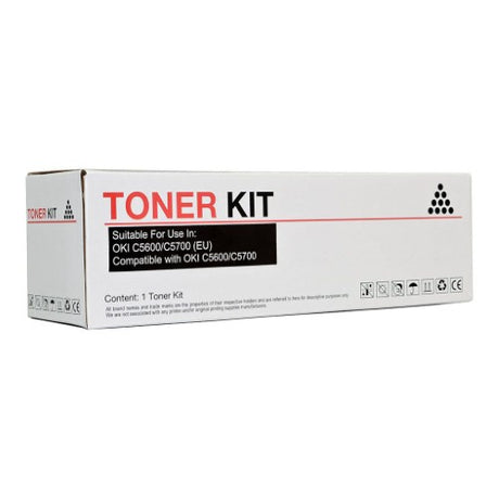 High-quality black toner cartridge for OKI C5600/C5700 printers, prints 6,000 pages with crisp text and vibrant images.