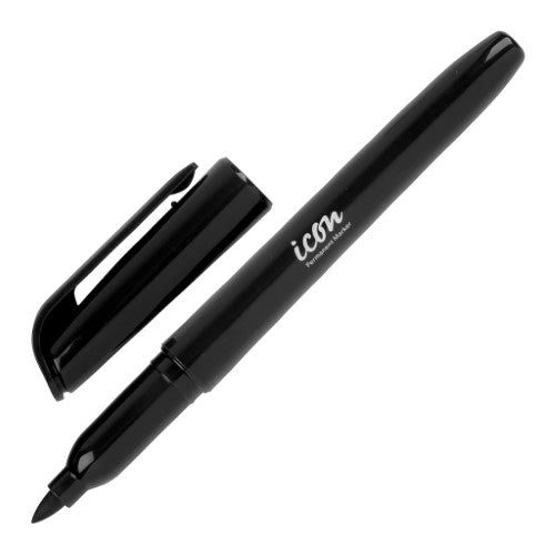 Pack of 12 Icon Permanent Marker Pens in black, featuring 1.0mm bullet tips for versatile writing on various surfaces.