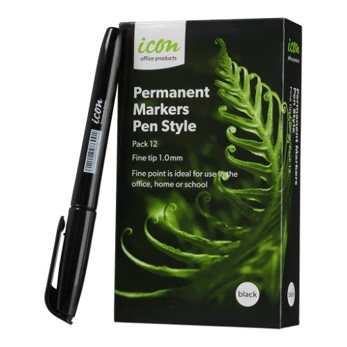 Pack of 12 Icon Permanent Marker Pens in black, featuring quick-drying ink and a versatile bullet tip for any surface.
