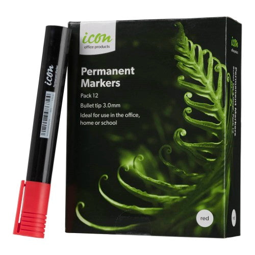 Pack of 12 red Icon permanent markers with durable bullet tips for precise lines on various surfaces.