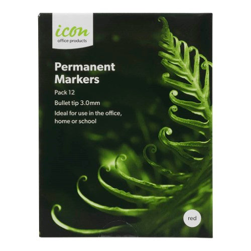 Pack of 12 red Icon permanent markers with bullet tips for versatile, precise marking on various surfaces.