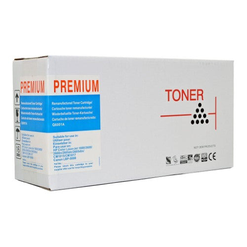 HP Remanufactured Q6001A Cyan Toner Cartridge for Canon LBP-5000, yields 2500 pages, delivers vibrant cyan colors.