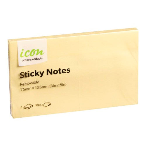 Bright yellow Icon Sticky Notes, 75mm x 125mm, perfect for reminders and organizing thoughts, pack of 12 with 100 sheets each.