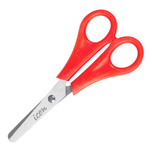 5-inch Icon kids scissors with red handles, stainless steel blades, ideal for arts and crafts, designed for small hands.