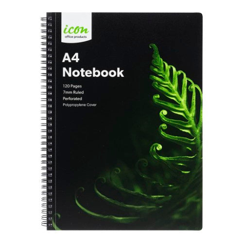 Pack of 3 Icon A4 Spiral Notebooks with durable black polypropylene covers and 120 perforated ruled pages each.
