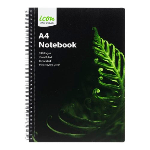 Pack of 3 Icon A4 spiral notebooks with black PP covers; 240 ruled pages, durable binding, perfect for on-the-go note-taking.