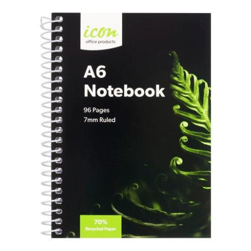 Pack of 3 eco-friendly A6 spiral notebooks with soft covers, 96 ruled pages, and 70% recycled paper.