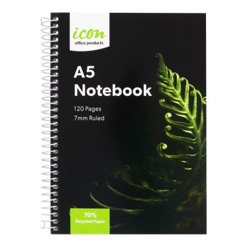 Pack of 3 A5 soft cover spiral notebooks with 120 pages each, made from 70% recycled paper, ideal for notes and sketches.
