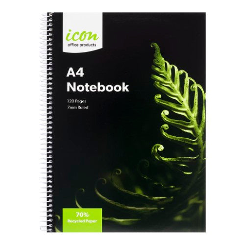 Pack of 3 A4 spiral notebooks with 120 pages and 70% recycled paper, perfect for versatile notetaking.