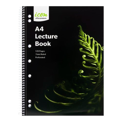 Pack of 3 A4 spiral notebooks with soft cover, 120 ruled pages, lay-flat design, and 7-hole punched for binder use.