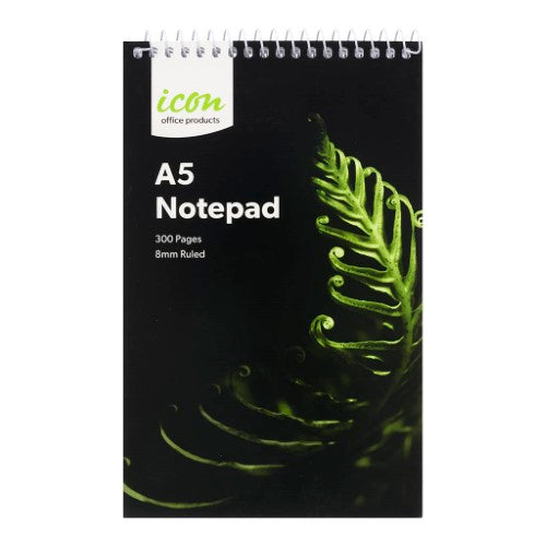 Pack of 3 Icon Spiral Notepads A5 with soft covers, 300 pages, top-opening format, ideal for organization and note-taking.