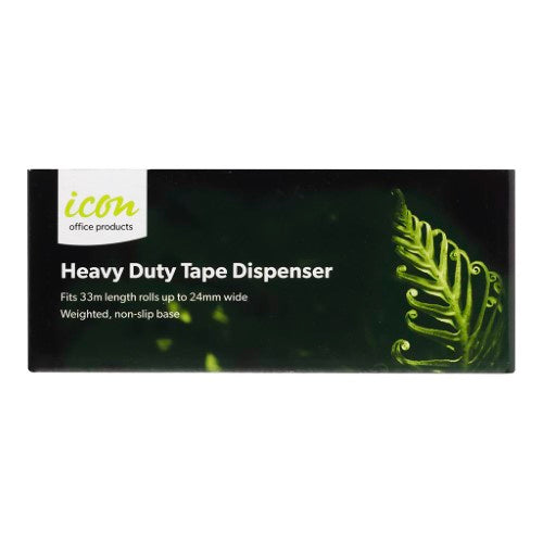 Heavy-duty tape dispenser with weighted base for one-handed use, accommodates 33m rolls up to 24mm wide.