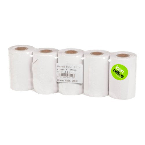 Pack of 5 Icon Thermal Rolls 76x48mm for crisp, clear receipts in EFTPOS, cash registers, and calculators.