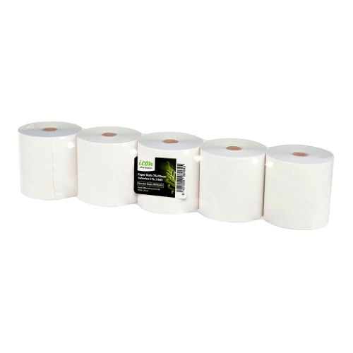 Pack of 5 Icon Thermal Rolls 76x76mm 2-Ply for clear receipts in EFTPOS and cash registers.