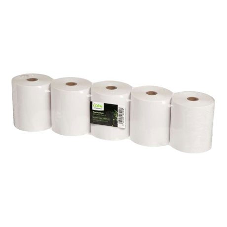 Pack of 5 Icon Thermal Rolls, 80x70mm, designed for clear prints in EFTPOS and cash registers, 43.18m length each.