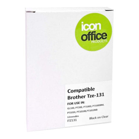 Icon Compatible Brother TZ Tape, 12mm Black on Clear, ideal for labeling with high-quality adhesive and durable design.