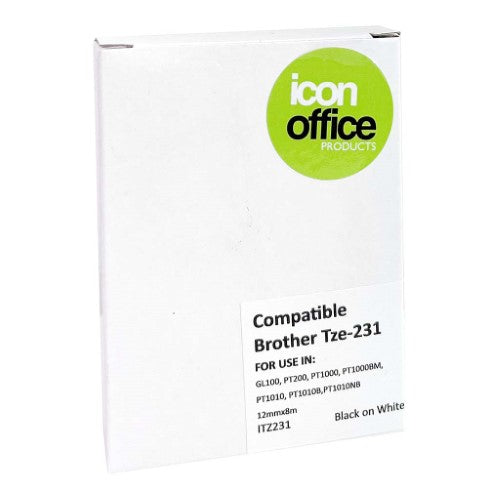 Durable 12mm black on white label tape for organizing, compatible with Brother P-Touch printers, ideal for signs and tags.