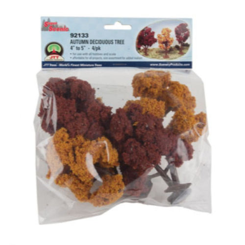 Large Autumn Deciduous Trees, 4-5 inches tall, featuring vibrant orange, red, and yellow foliage for enhanced model landscapes.