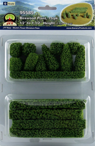 15 pack of realistic miniature boxwood plants for enhancing model landscapes and dioramas with vibrant greenery.