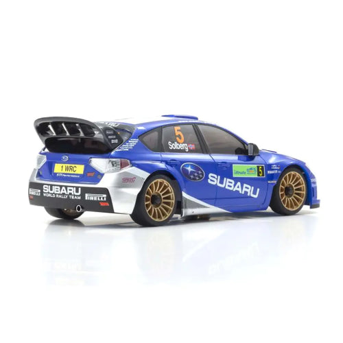Kyosho MA-020 WRC '08 Impreza blue RTR car kit, featuring variable camber suspension and precision ball bearings for enhanced performance.