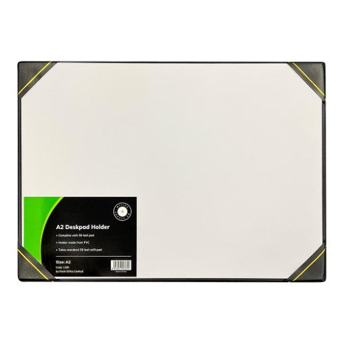 Elegant A2 desk pad holder in PVC with gold trim, includes 50-leaf pad for a stylish and organized workspace.