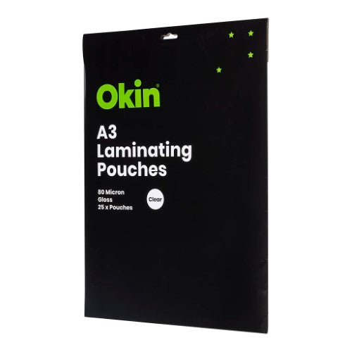 A3 glossy laminating pouches pack of 25, 80 microns thick, perfect for protecting and enhancing printed documents.