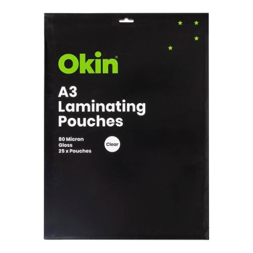 A3 gloss laminating pouches, pack of 25, 80 micron thickness for vibrant, protective document finishing.