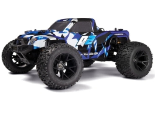 1/10 Quantum2 MT Blue RC truck with brushed motor, LED lights, and robust design for durability and fun driving.