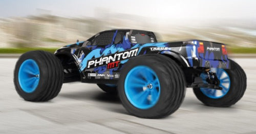 Blue 1/10 Maverick Phantom MT RC truck, perfect for beginners with 4WD, speed, and durable design for bashing and jumping.