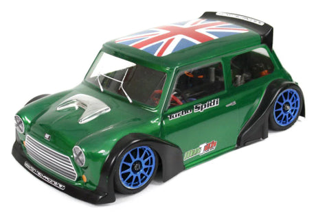 Turbo Spidi RC body shell, 160mm, designed for Mini Cooper with durable polycarbonate and vibrant decals for customization.