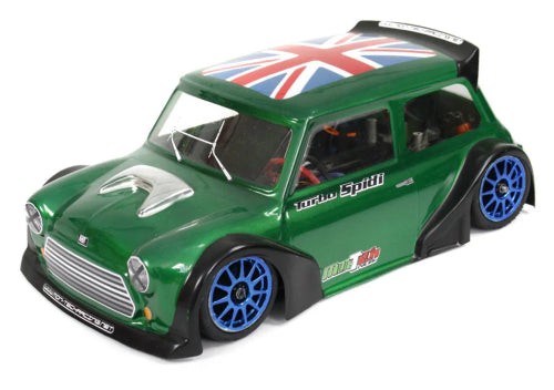 Turbo Spidi RC body shell, 160mm, designed for Mini Cooper with durable polycarbonate and vibrant decals for customization.