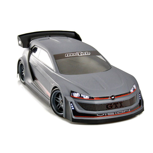 Clear Lexan 190mm GTi Vision body shell for 1/10th FWD touring cars with adjustable rear wing and detailed decals.