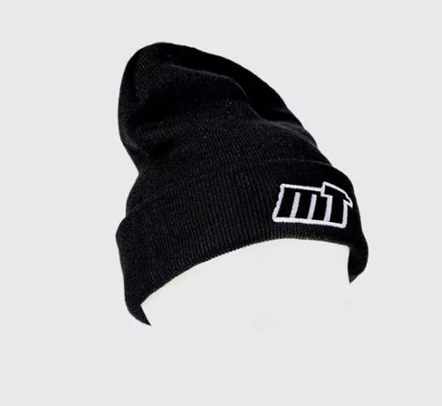 Black Mon-Tech wool beanie hat featuring a white MT logo, perfect for warmth and style on chilly race days.