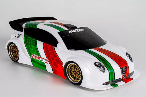 Sleek 190mm Mito Pista RC body for 1/10 scale models, perfect for front-wheel drive setups and vibrant racing aesthetics.
