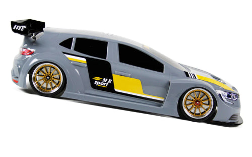 M.R.Sport RC body for 190mm FWD models, inspired by Renault Megane TCR, durable with decals and window masks included.