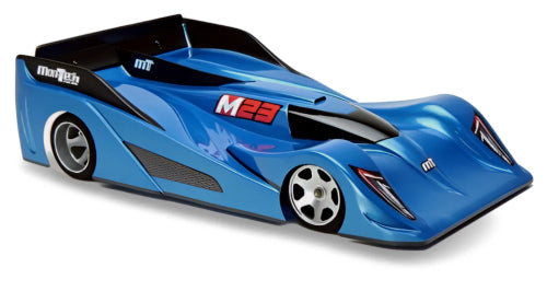 Clear polycarbonate RC car body M23 for 235mm pan cars, featuring sharp lines for stability and precision cornering.