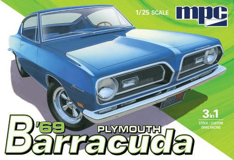 1/25 scale plastic model kit of the iconic '69 Plymouth Barracuda, featuring detailed parts and easy assembly instructions.