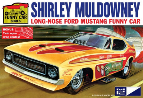 1/25 scale model kit of Shirley Muldowney's Mustang for racing enthusiasts, featuring high-quality plastic parts and vibrant decals.