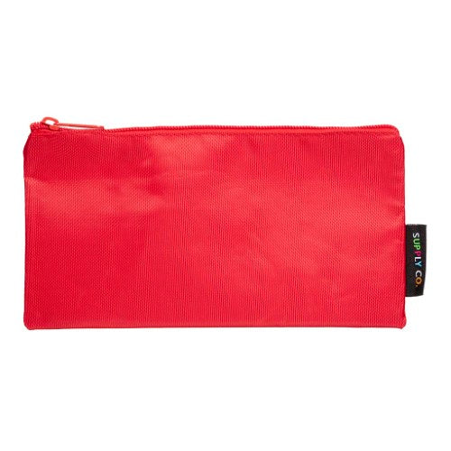 Vibrant red Supply Co pencil case, 21x11cm, durable design with zipper closure for organizing stationery and small items.