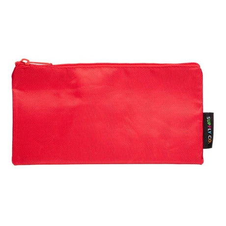 Vibrant red Supply Co pencil case, 21x11cm, durable design with zipper closure for organizing stationery and small items.
