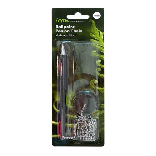 A+Plus ballpoint pen on blue chain, featuring non-skid tip, 580mm chain, and refillable with premium ink.