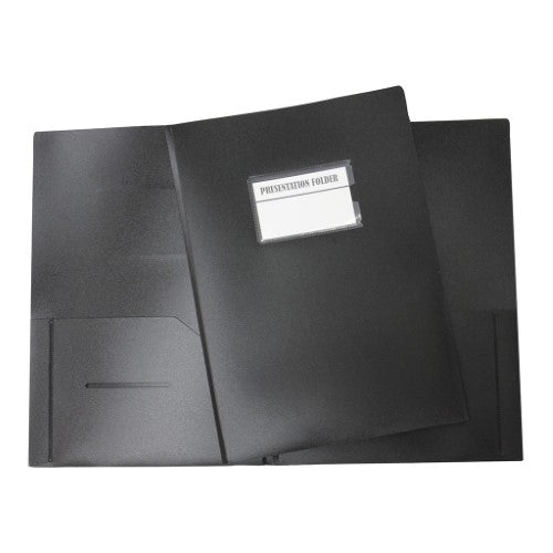 Professional black A4 presentation folder with durable PVC, inside pockets, and a convenient front business card slot.