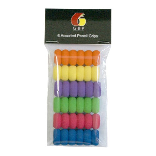 GBP Pencil Grip Assorted pack of 6 ergonomic grips in vibrant colors for comfortable and controlled writing.