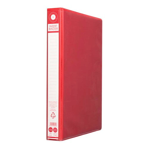 Red A4 2D insert binder with 25mm rings, holds 200 sheets, made from 100% recycled materials, featuring customizable clear cover.