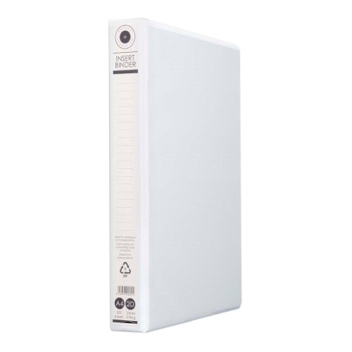White A4 insert binder with 2 D-rings, 25mm capacity, holds 200 sheets, eco-friendly, customizable cover, and clear pockets.