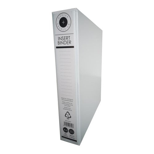 White A4 OSC Insert Binder with 2 D-rings, holds 250 sheets, eco-friendly design with customizable clear pockets.