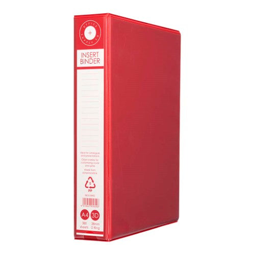 Red A4 Insert Binder with 3D D-rings, holds 250 sheets, made from recycled materials, ideal for organizing documents.